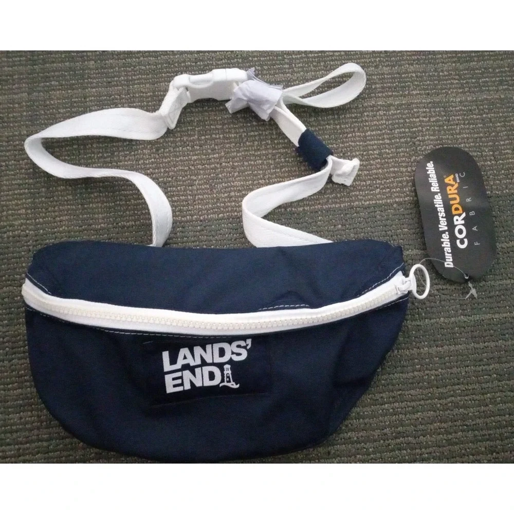 New Lands End‎ Fanny Pack Navy Blue White Waist Hiking Shopping Preppy Sporty